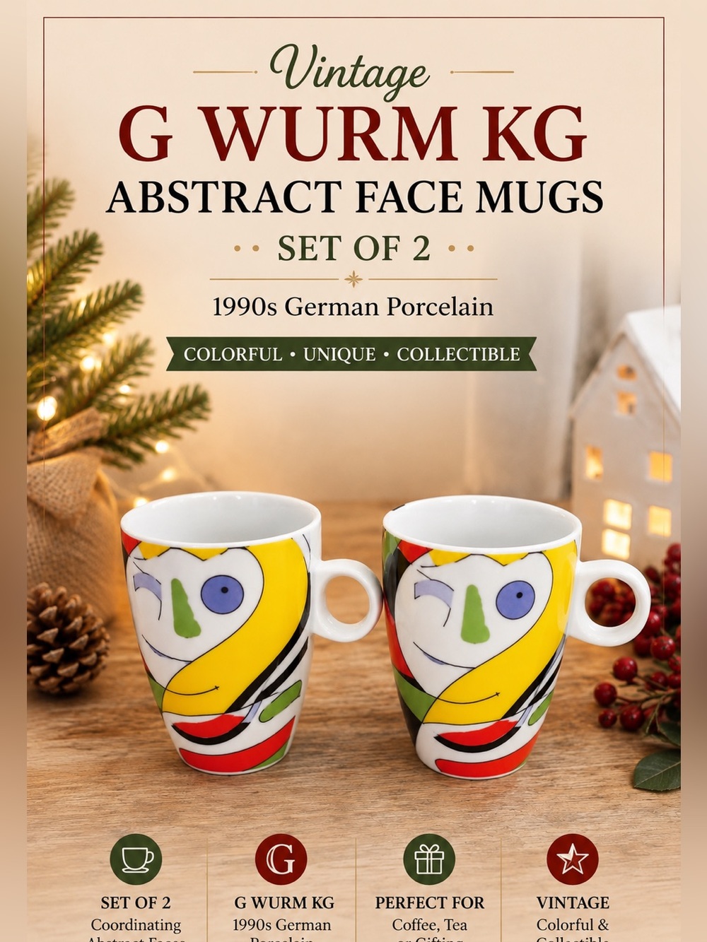 Vintage G Wurm KG Abstract Face Mugs Set of 2 1990s German Porcelain